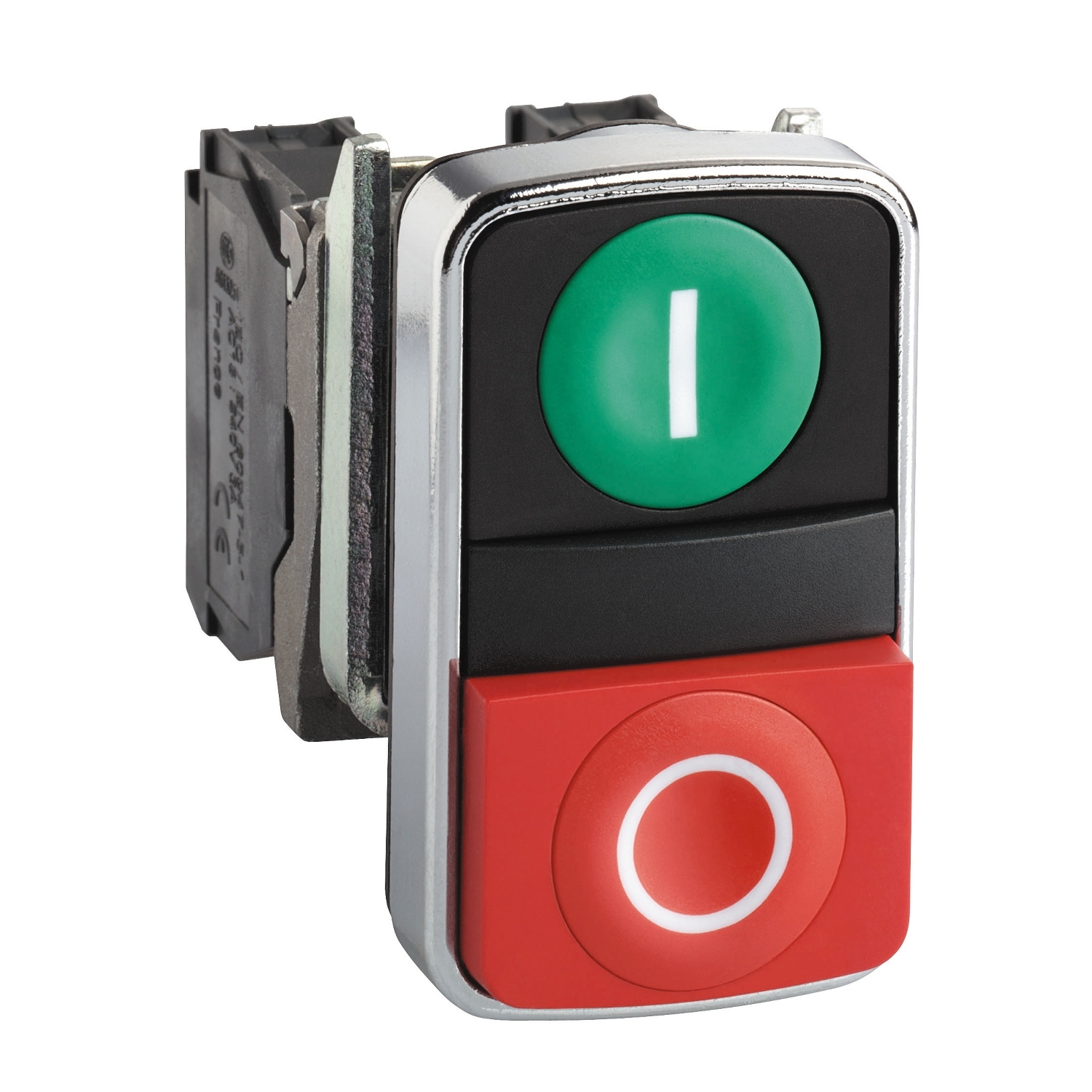 Schneider Electric Schneider Electric XB4BL73415 – Double-headed push button, metal, Ø22, 1 green flush marked I + 1 red projecting marked O, 1 NO + 1 NC