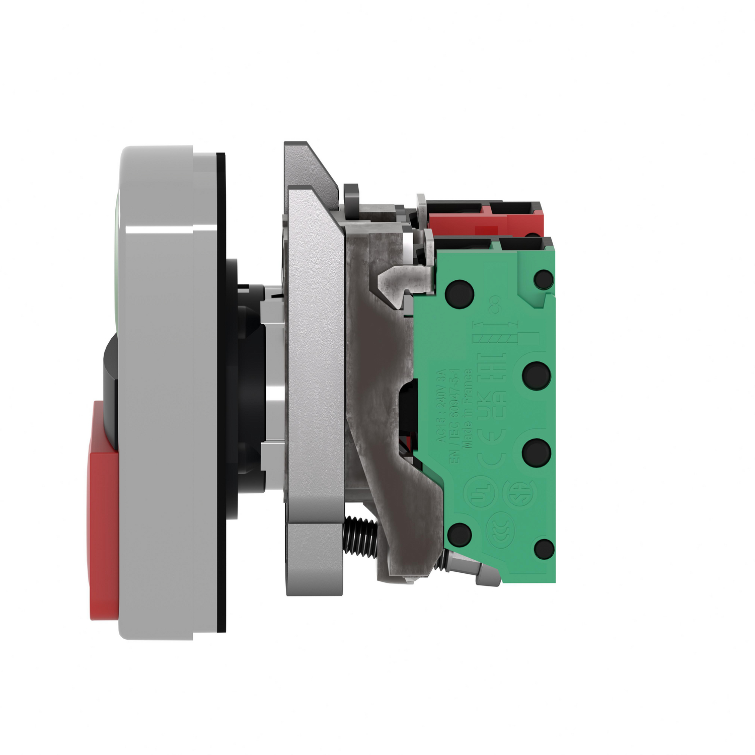 Schneider Electric Schneider Electric XB4BL734155 – Double headed push button, Harmony XB4, metal, 22mm, 1 green flush marked I + 1 red projecting marked O, 1NO+1NC, push in