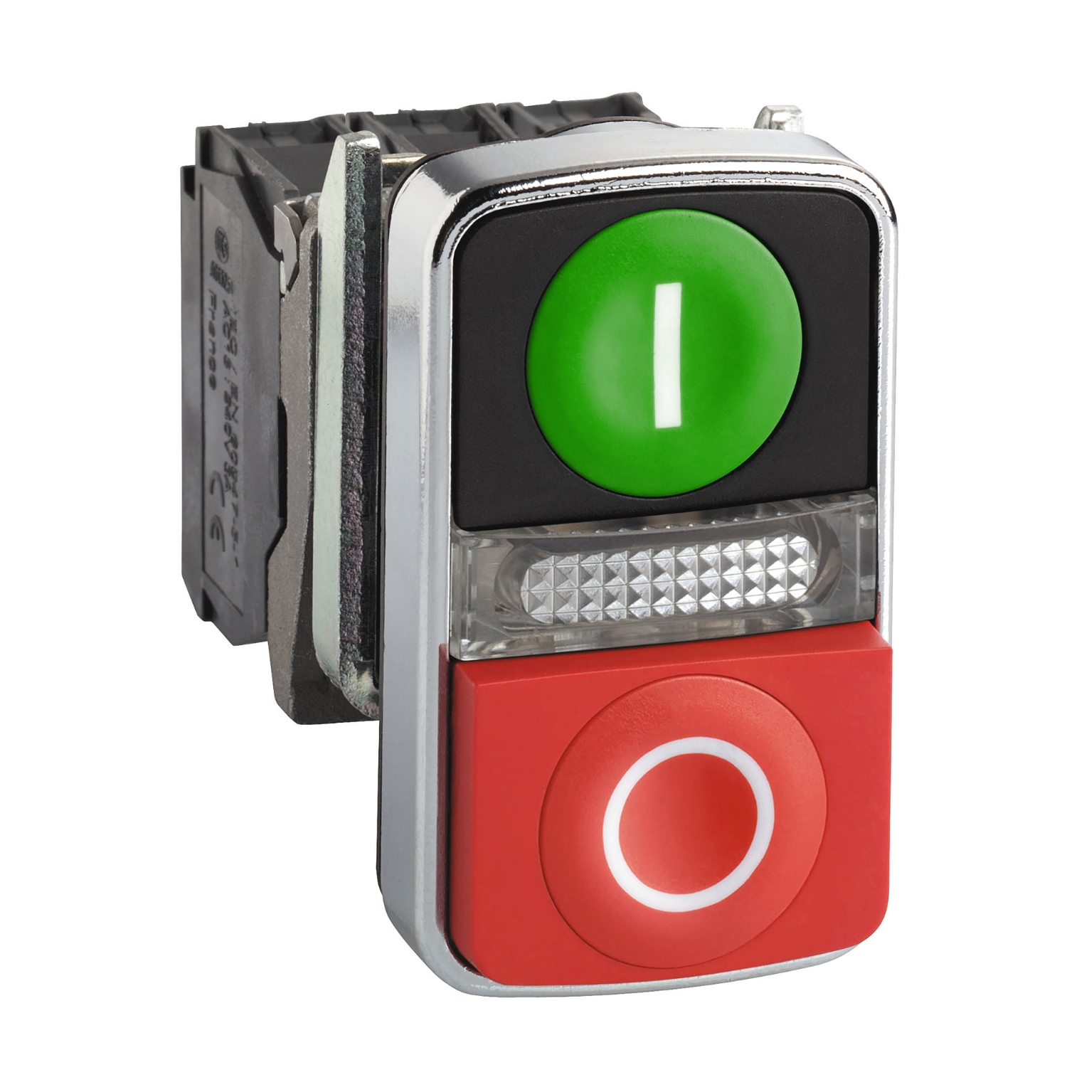 Schneider Electric Schneider Electric XB4BW73731G5 – Illuminated double-headed push button, metal, Ø22, 1 green flush I + 1 pilot light + 1 red projecting O, 120 V AC, 1 NO + 1 NC