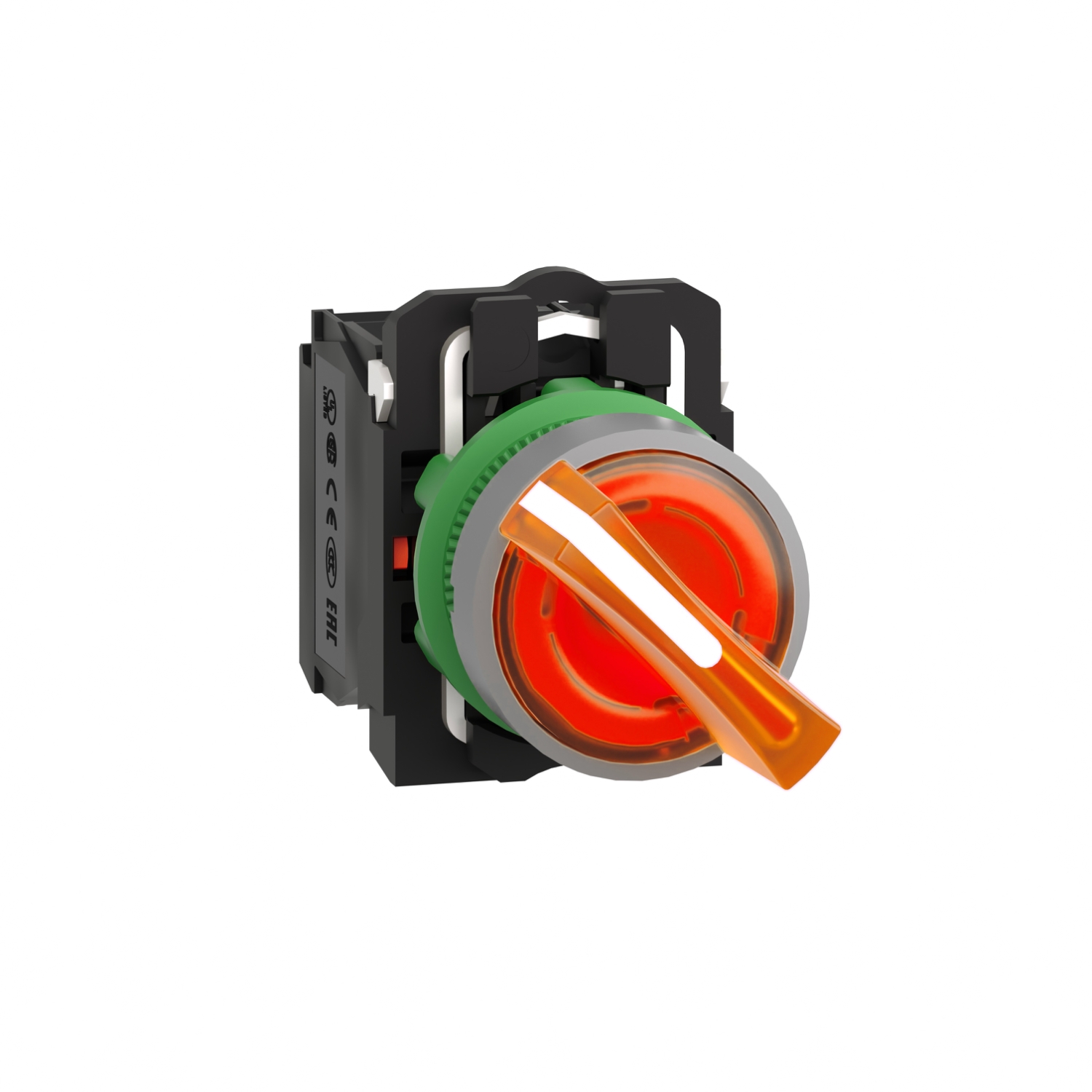 Schneider Electric Schneider Electric XB5AK125B5C0 – Illuminated selector switch, Harmony XB5, universal LED, grey bezel, orange handle, 22mm, 2 positions, stay put, 1NO + 1NC, 24V AC DC