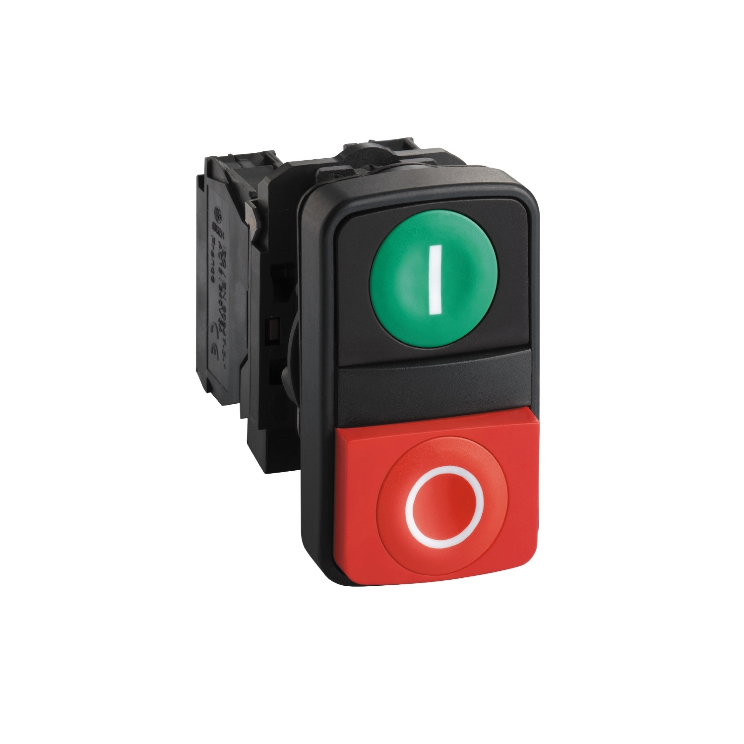 Schneider Electric Schneider Electric XB5AL73415 – Double-headed push button, plastic, Ø22, 1 green flush marked I + 1 red projecting marked O, 1 NO + 1 NC
