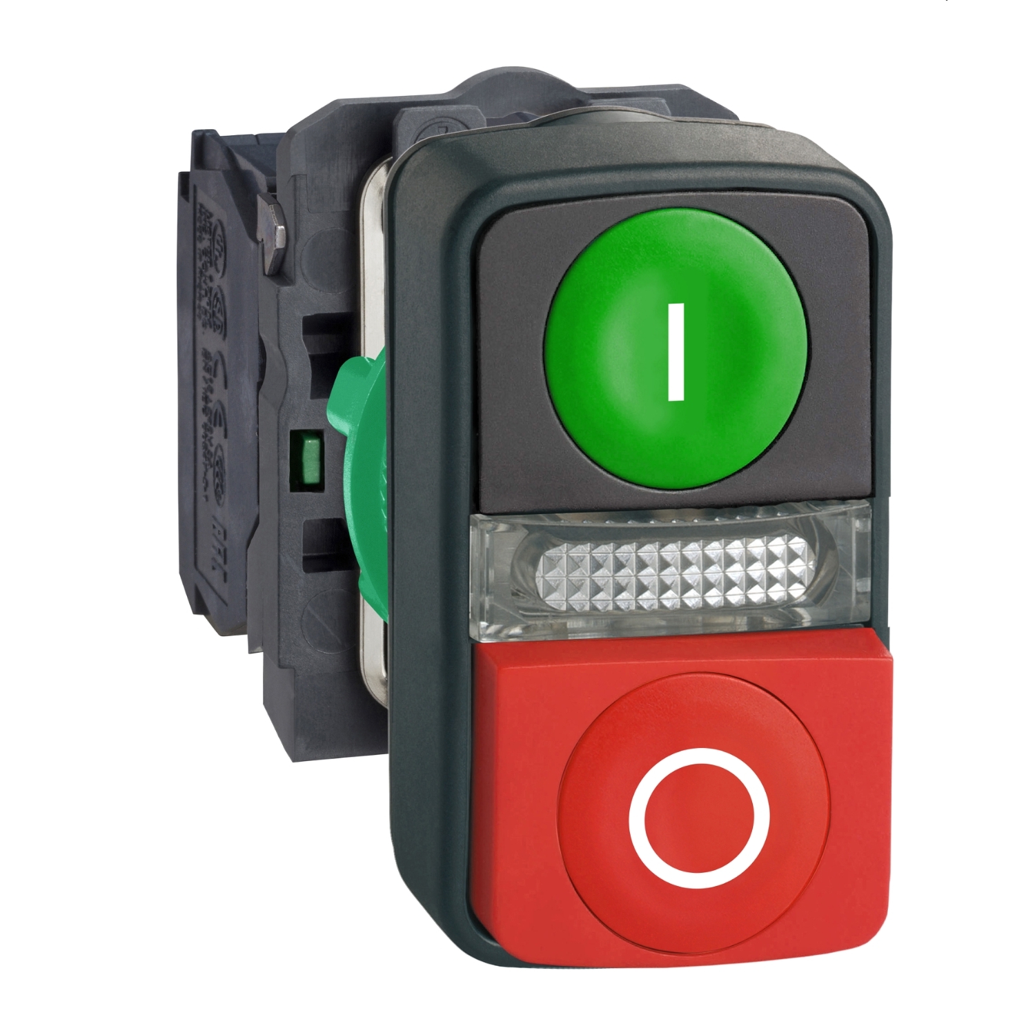 Schneider Electric Schneider Electric XB5AW73731M5 – Harmony XB5, Illuminated double-headed push button, plastic, Ø22, 1 green flush I + 1 pilot light + 1 red projecting O, 240 V AC/DC, 1 NO + 1 NC