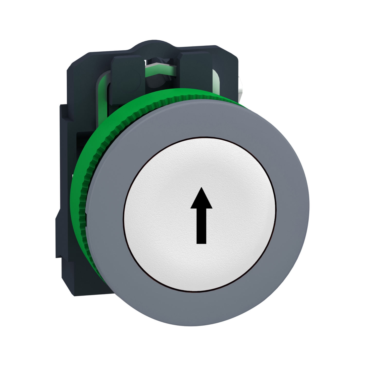 Schneider Electric Schneider Electric XB5FA3341C0 – Push button, Harmony XB5, flush mounted, plastic, white, 30mm, spring return, marked with black up arrow, 1 NO, grey color plated bezel
