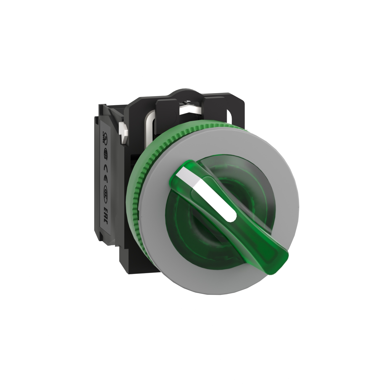 Schneider Electric Schneider Electric XB5FK123G5C0 – Illuminated selector switch, Harmony XB5, grey bezel, green handle, universal LED, 2 positions, 1NO + 1NC, 120V AC