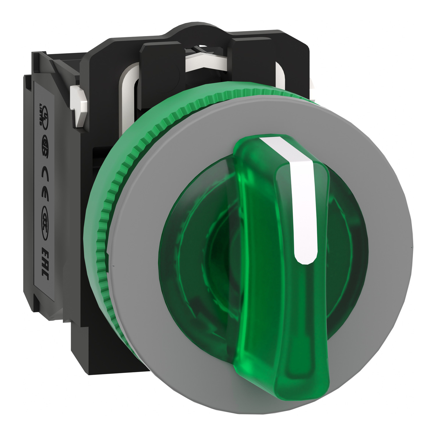Schneider Electric Schneider Electric XB5FK133G5C0 – Illuminated selector switch, Harmony XB5, grey bezel, green, universal LED, 3 positions, stay put, 1NO + 1NC, 120V AC