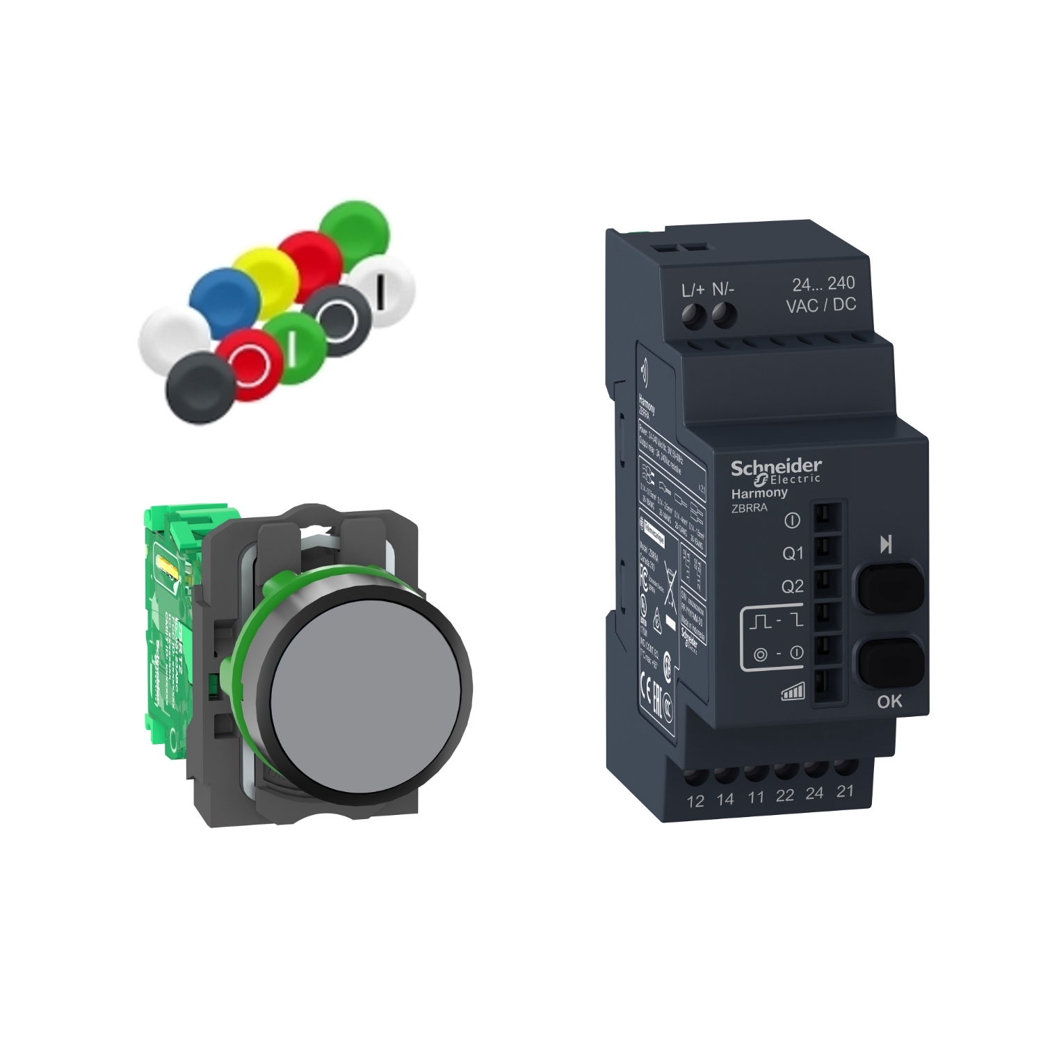 Schneider Electric Schneider Electric XB5RFA02 – Harmony XB5, Wireless push button and configurable receiver with 10 colored caps, plastic, Ø22, 24...240 V AC/DC