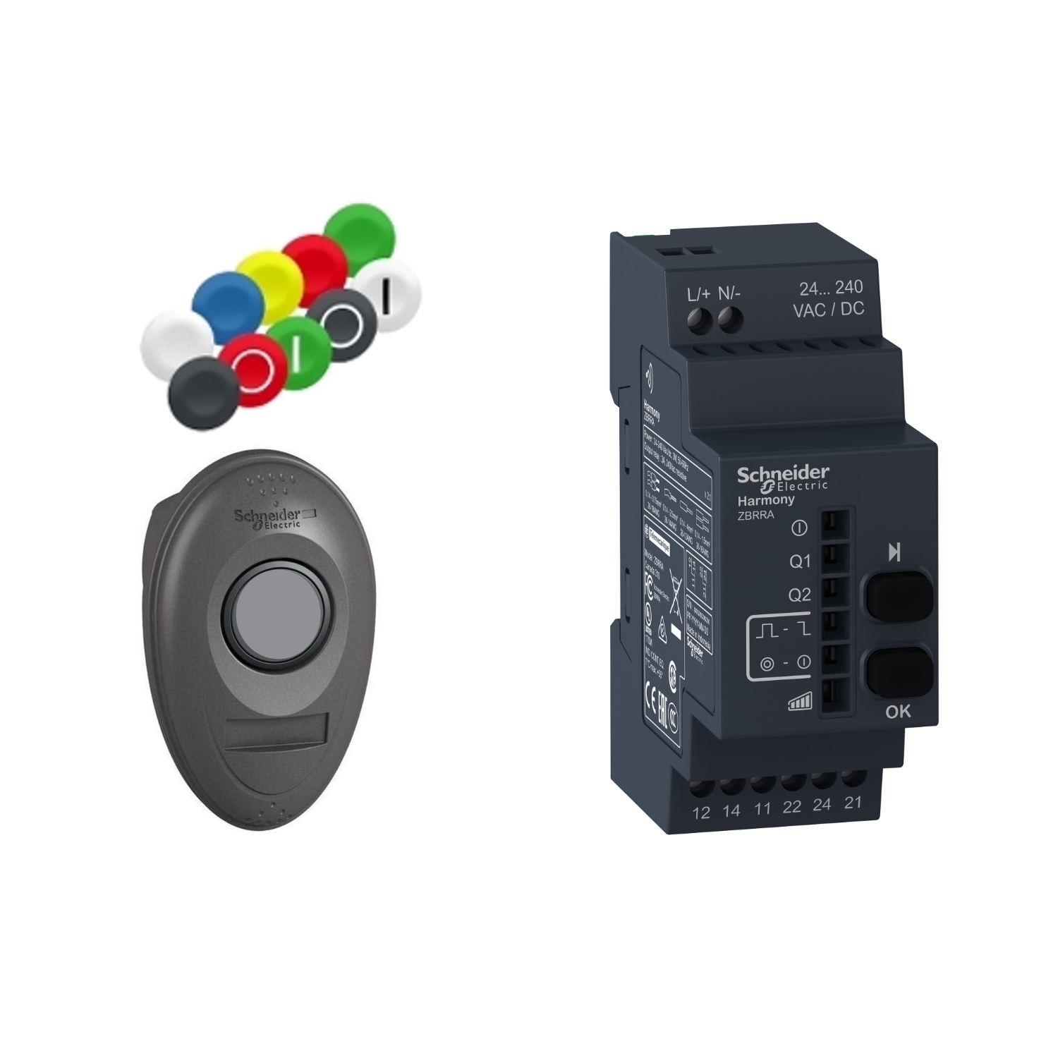 Schneider Electric Schneider Electric XB5RMA04 – Harmony XB5, Pack with 1 wireless push button + 1 configurable receiver + 1 set of 10 colored caps, plastic, Ø22, 24...240 V AC/DC