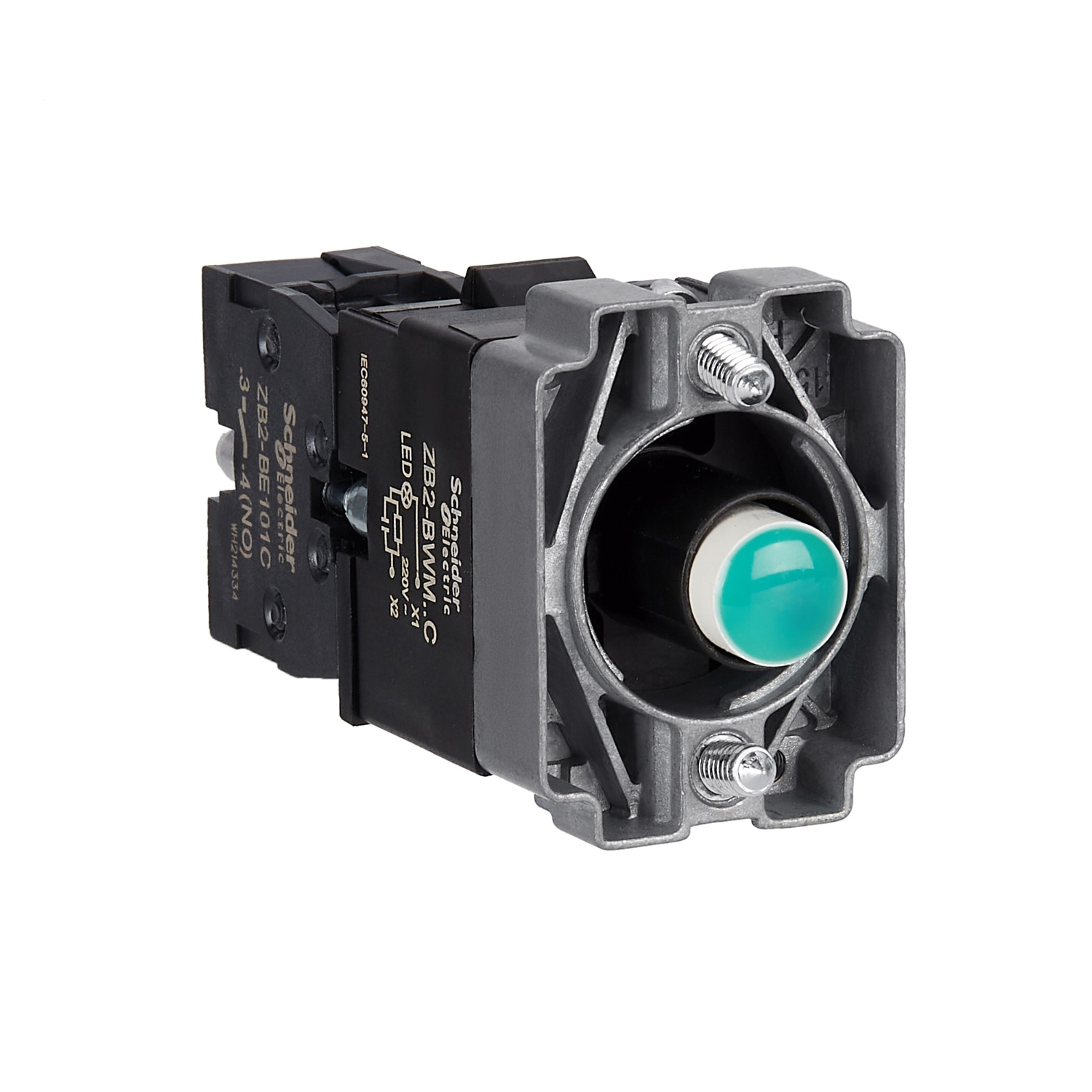 Schneider Electric Schneider Electric ZB2BWM31C – Light block with body and fixing collar, Harmony XB2, metal, green, bulb 24V DC LED, 220V AC, 1NO